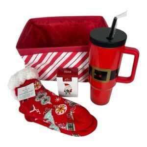 Hallmark Christmas Gift Set Tote/Tall Santa Beverage Cup/Cozy Socks/Ornament NWT